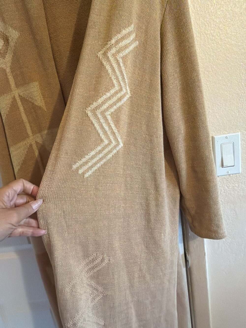 Lauren Ralph Lauren Tan Geometric Pattern Open Front Long Cardigan - Picture 3 of 9